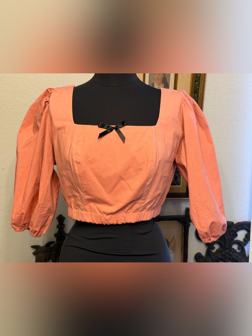 Vixen by Micheline Pitt Peach Square-Neck Puff Sleeve Crop Top with Black Bow